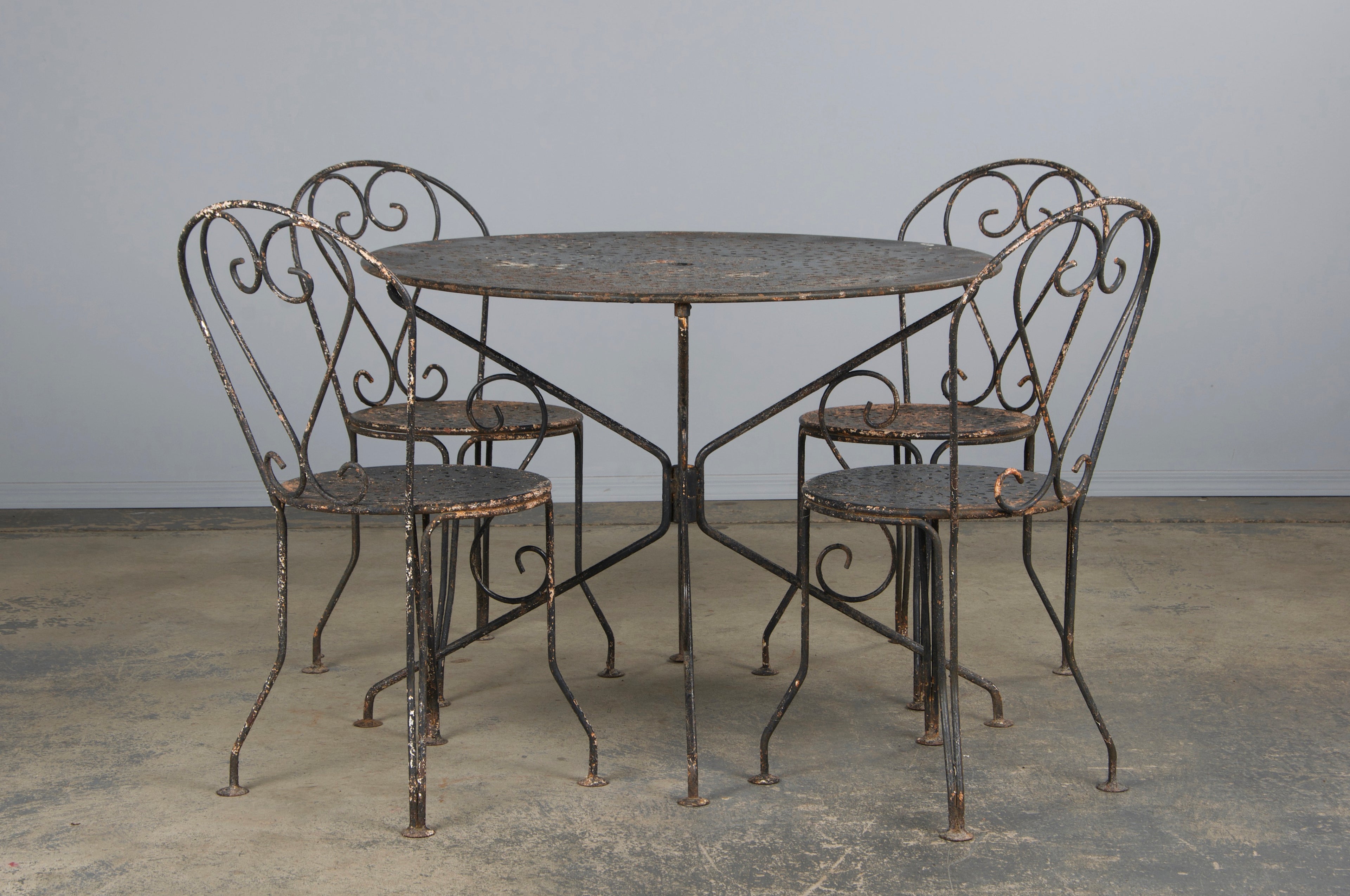 Antique French Art Nouveau Black Wrought Iron Painted Garden Set