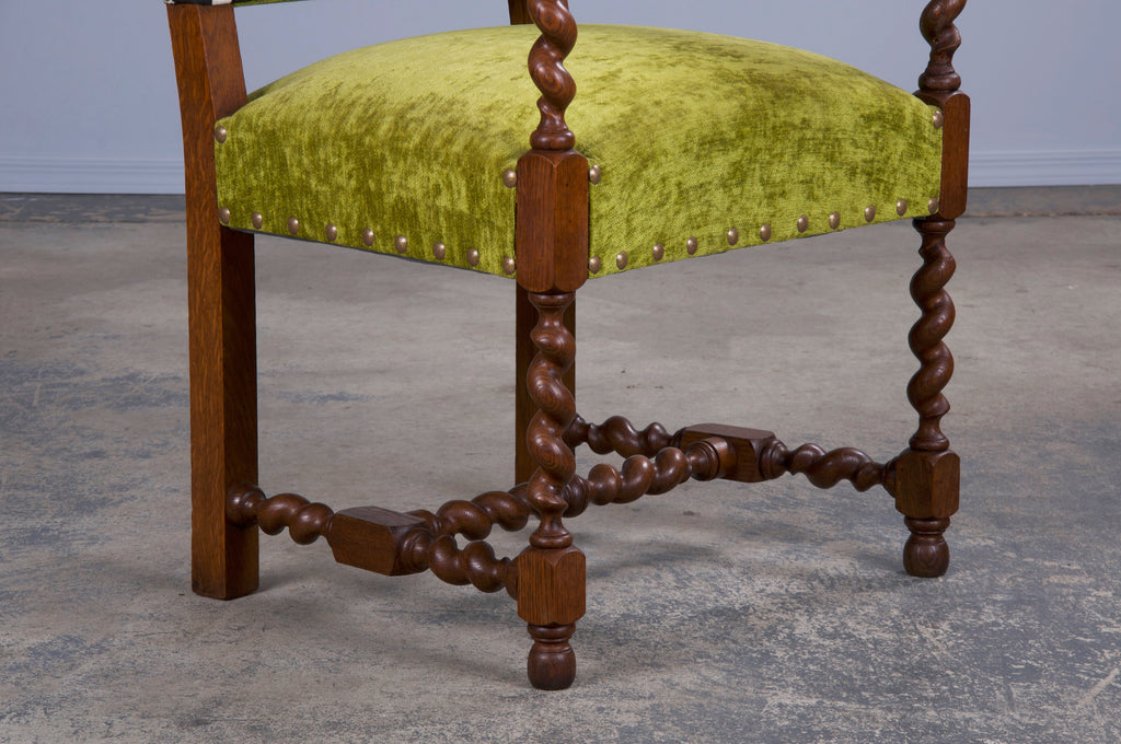 Antique French Louis XIII Style Oak Barley Twist Dining Chairs W/ Green Fabric - Set of 6