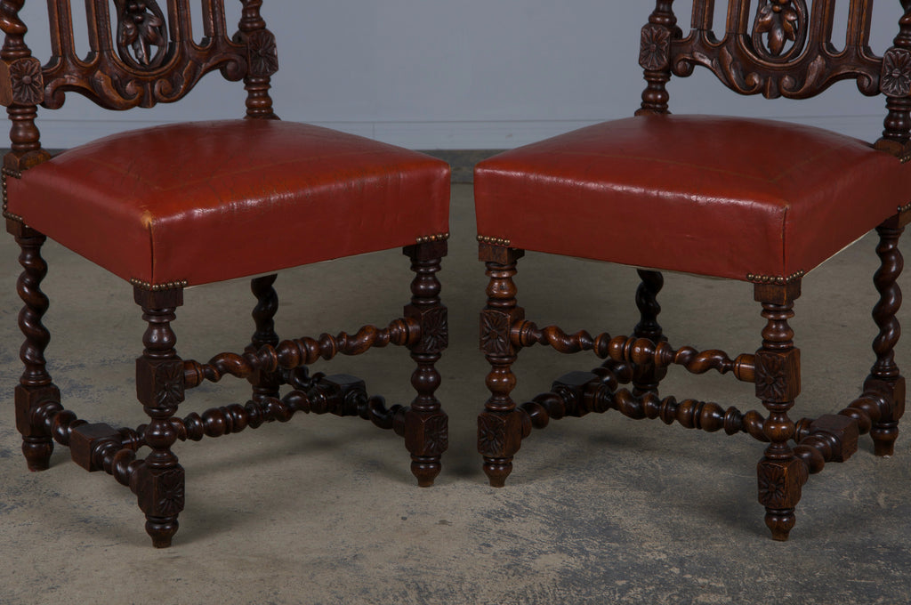 Antique French Renaissance Style Oak Barley Twist Dining Chairs W/ Red Leather - Set of 6