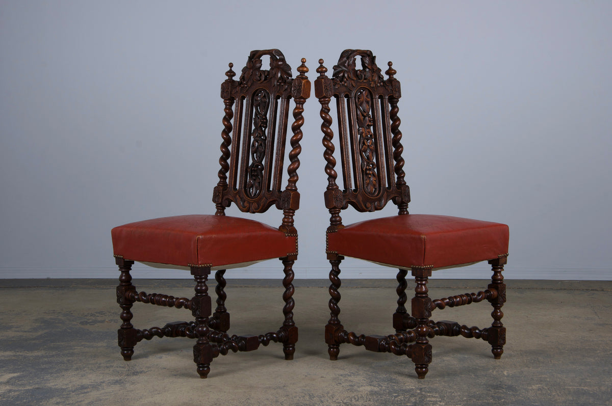 Antique French Renaissance Style Oak Barley Twist Dining Chairs W/ Red Leather - Set of 6