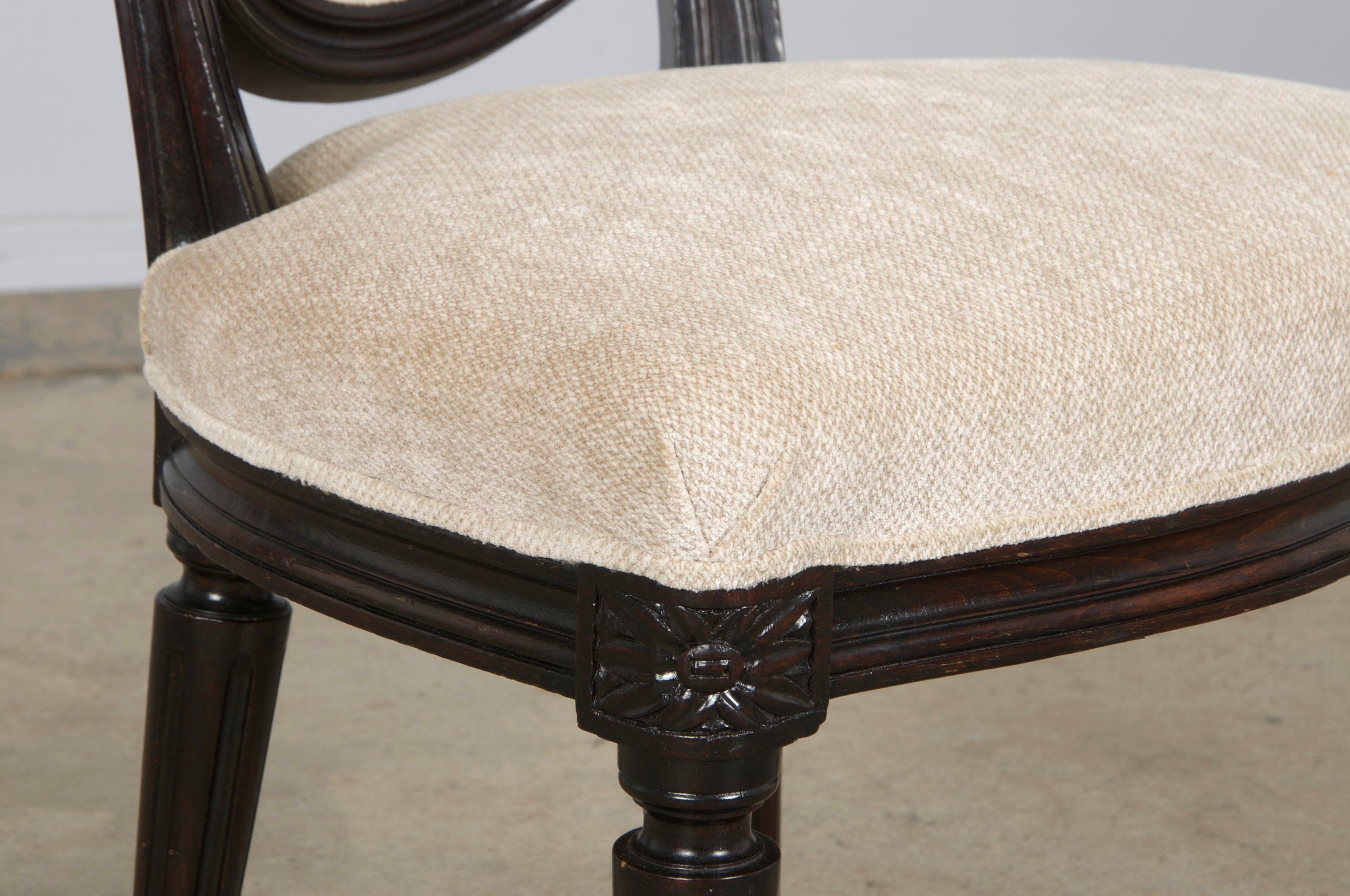 Antique French Louis XVI Style Maple Side Chairs in Beige Chenille - A Pair