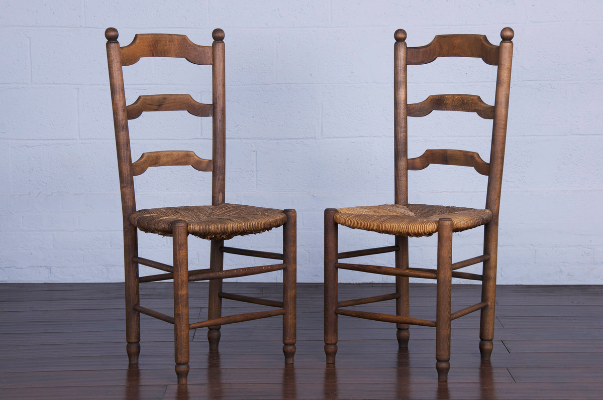 Antique Country French Ladder Back Maple Farmhouse Dining Chairs W/ Rush Seats - Set of 6