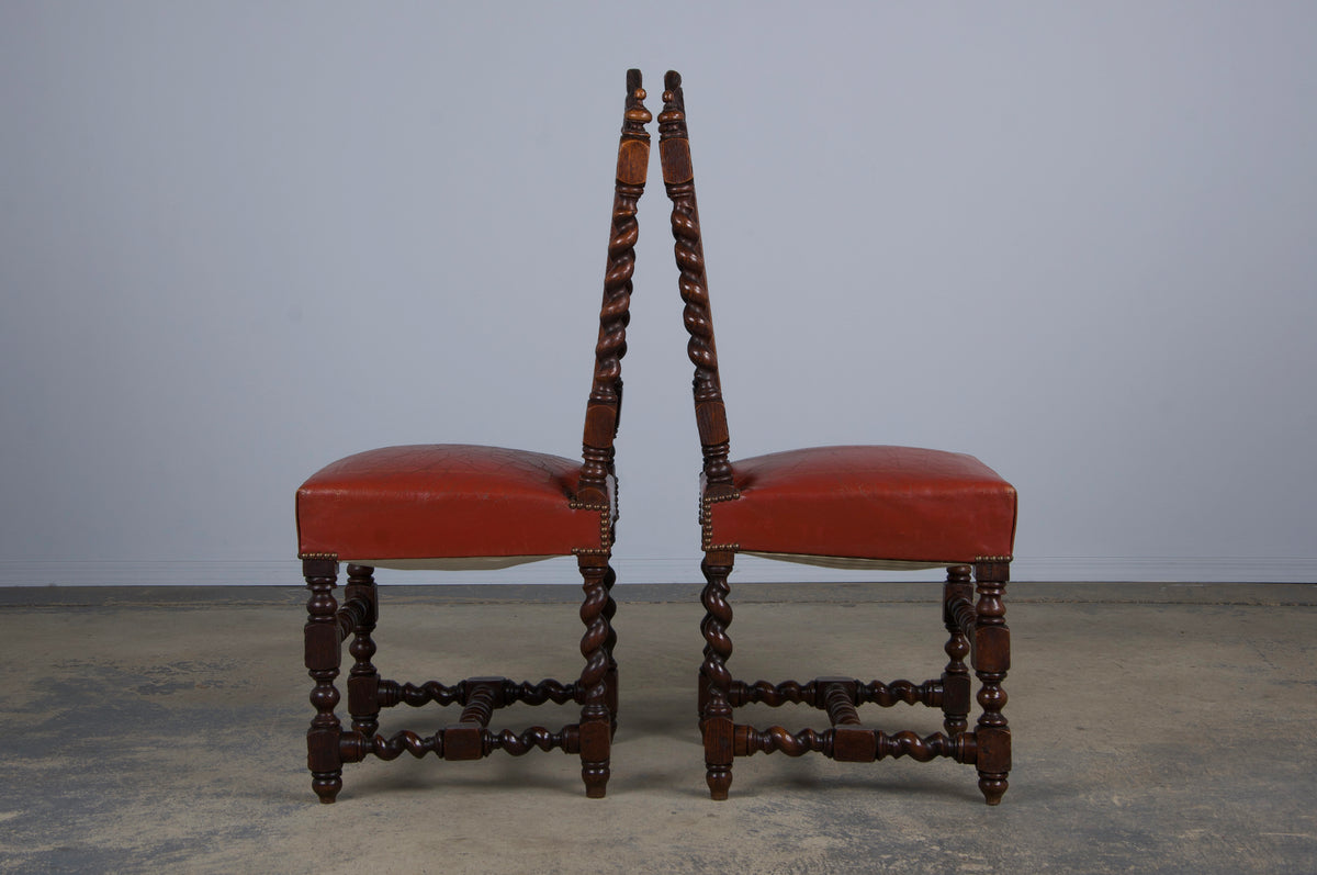 Antique French Renaissance Style Oak Barley Twist Dining Chairs W/ Red Leather - Set of 6