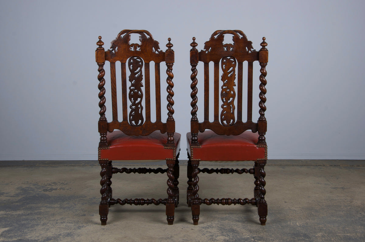 Antique French Renaissance Style Oak Barley Twist Dining Chairs W/ Red Leather - Set of 6