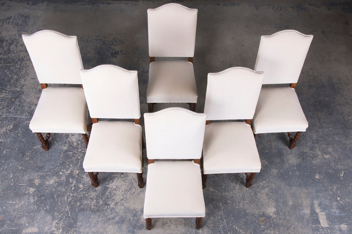 Antique French Louis XIII Style Oak Barley Twist Dining Chairs W/ Cream Velvet - Set of 6