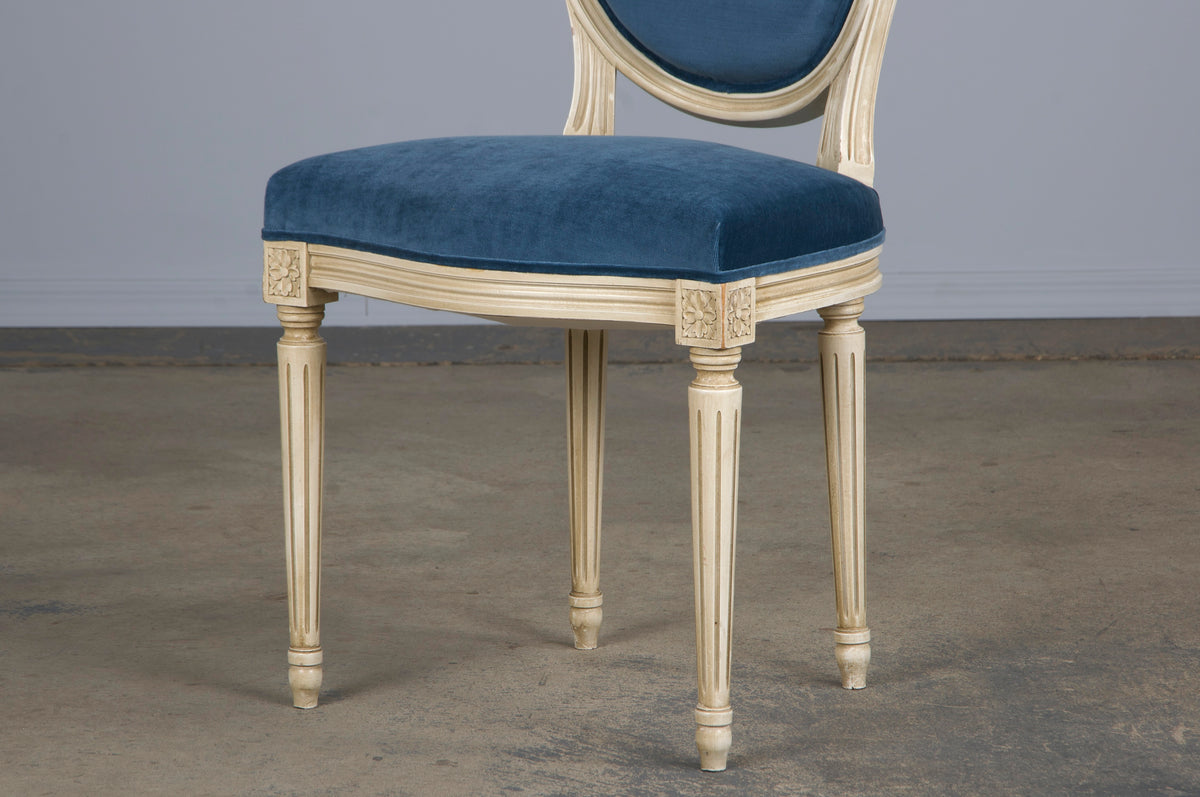 French Louis XVI Style Painted Dining Chairs W/ Dark Blue Velvet - Set of 6