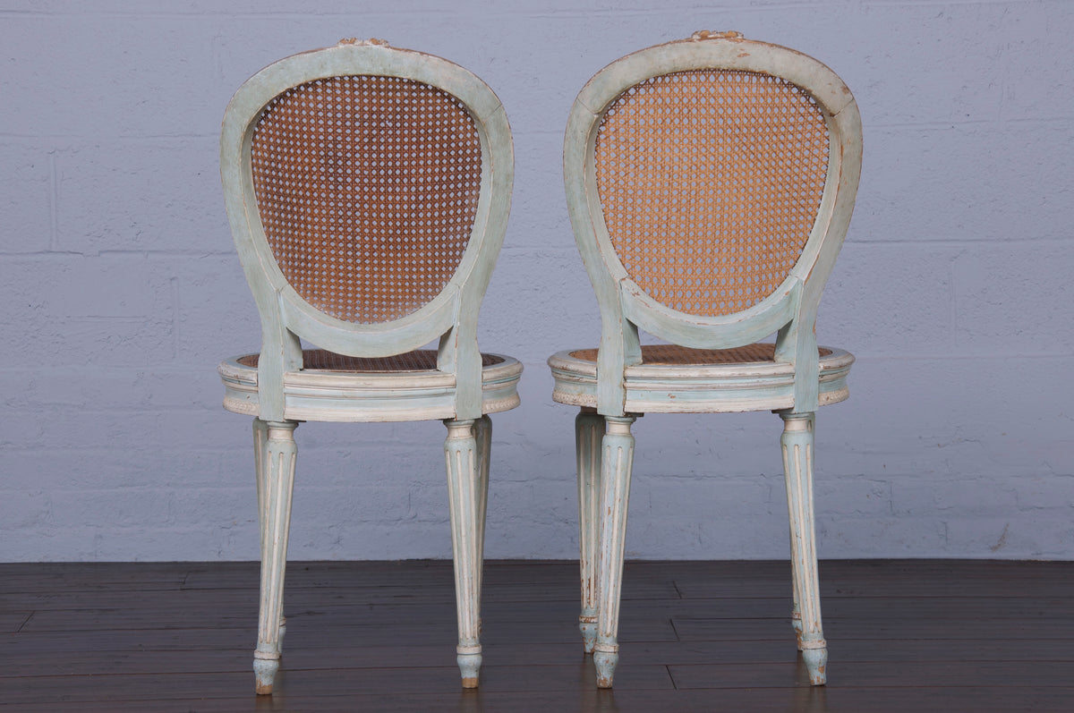 Antique French Louis XVI Style Painted Cane Dining Chairs - Set of 6