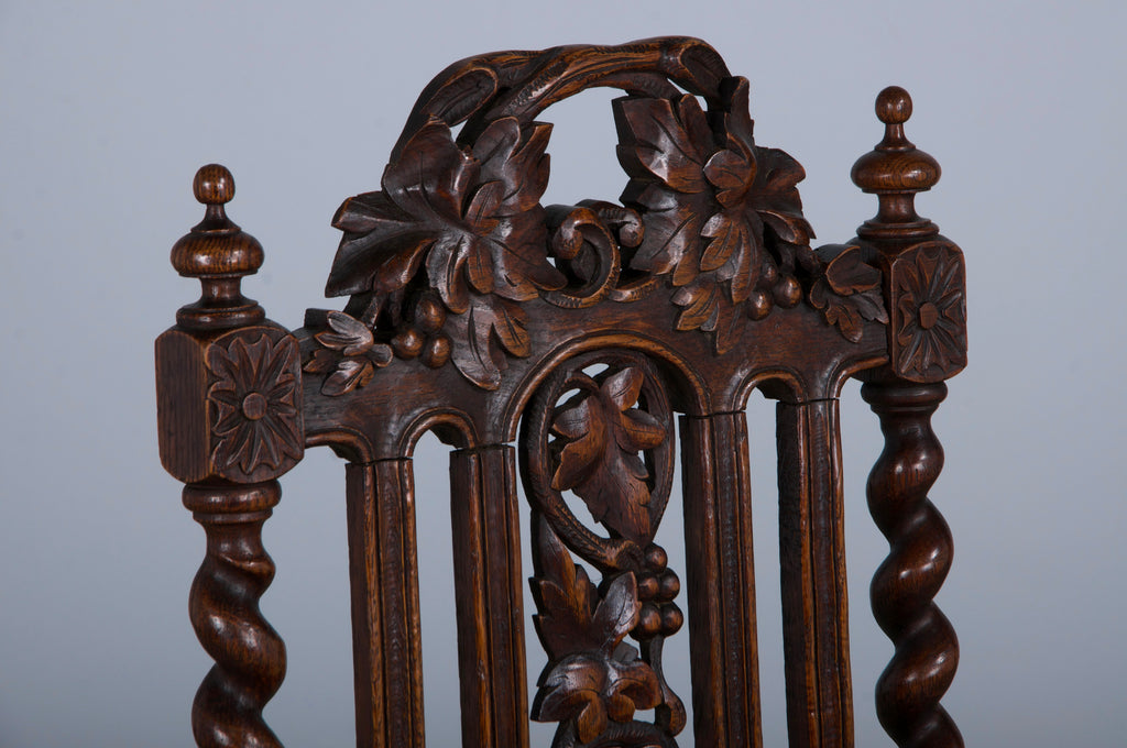 Antique French Renaissance Style Oak Barley Twist Dining Chairs W/ Red Leather - Set of 6