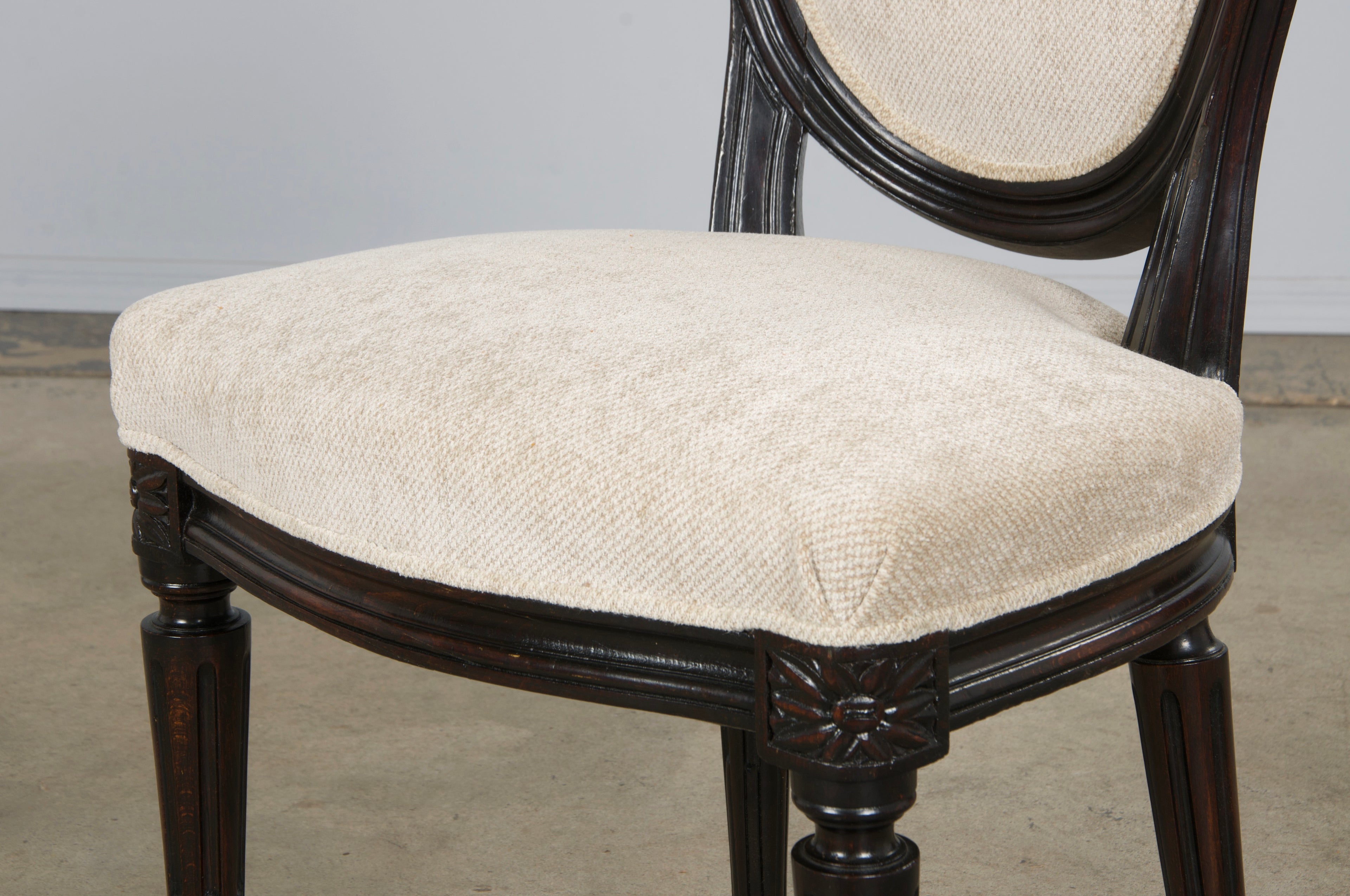 Antique French Louis XVI Style Maple Side Chairs in Beige Chenille - A Pair