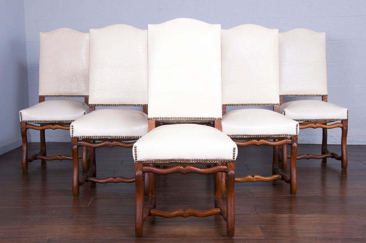 Antique Country French Louis XIII Os De Mouton Style Oak Dining Chairs W/ White Vinyl - Set of 6