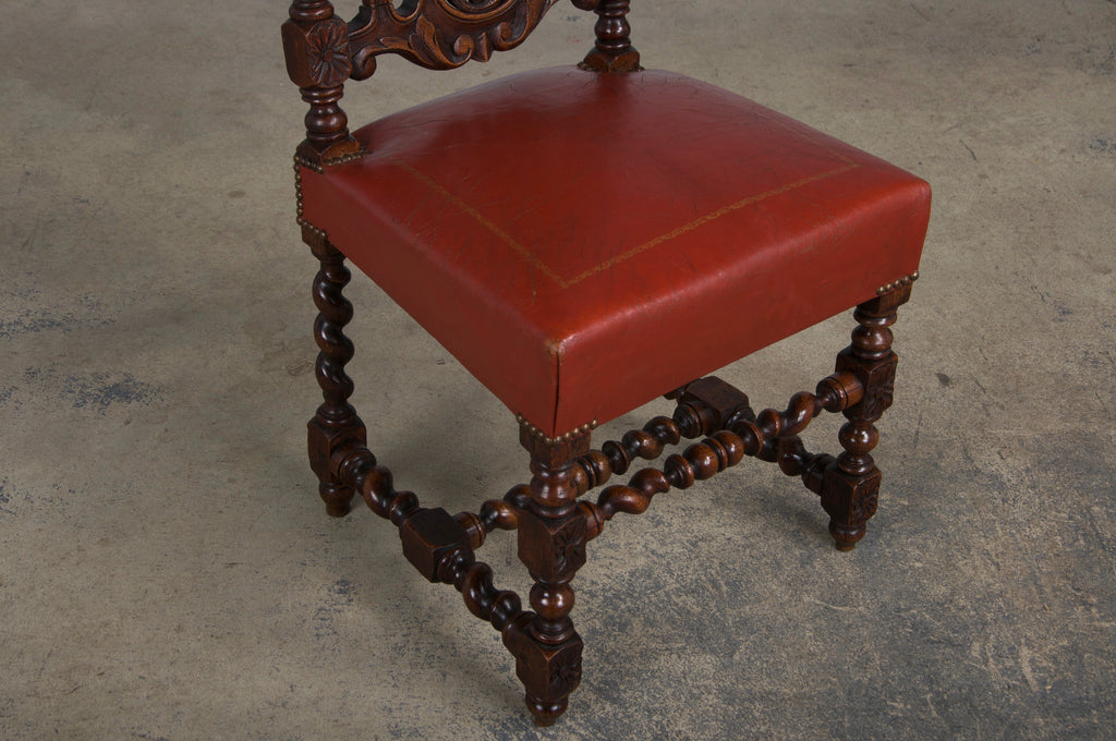 Antique French Renaissance Style Oak Barley Twist Dining Chairs W/ Red Leather - Set of 6