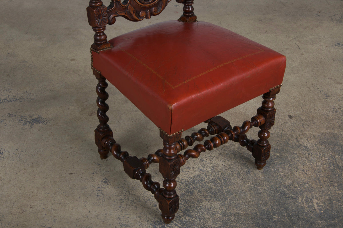 Antique French Renaissance Style Oak Barley Twist Dining Chairs W/ Red Leather - Set of 6