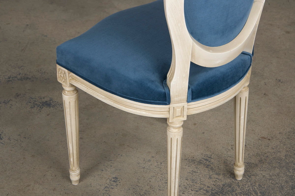 French Louis XVI Style Painted Dining Chairs W/ Dark Blue Velvet - Set of 6