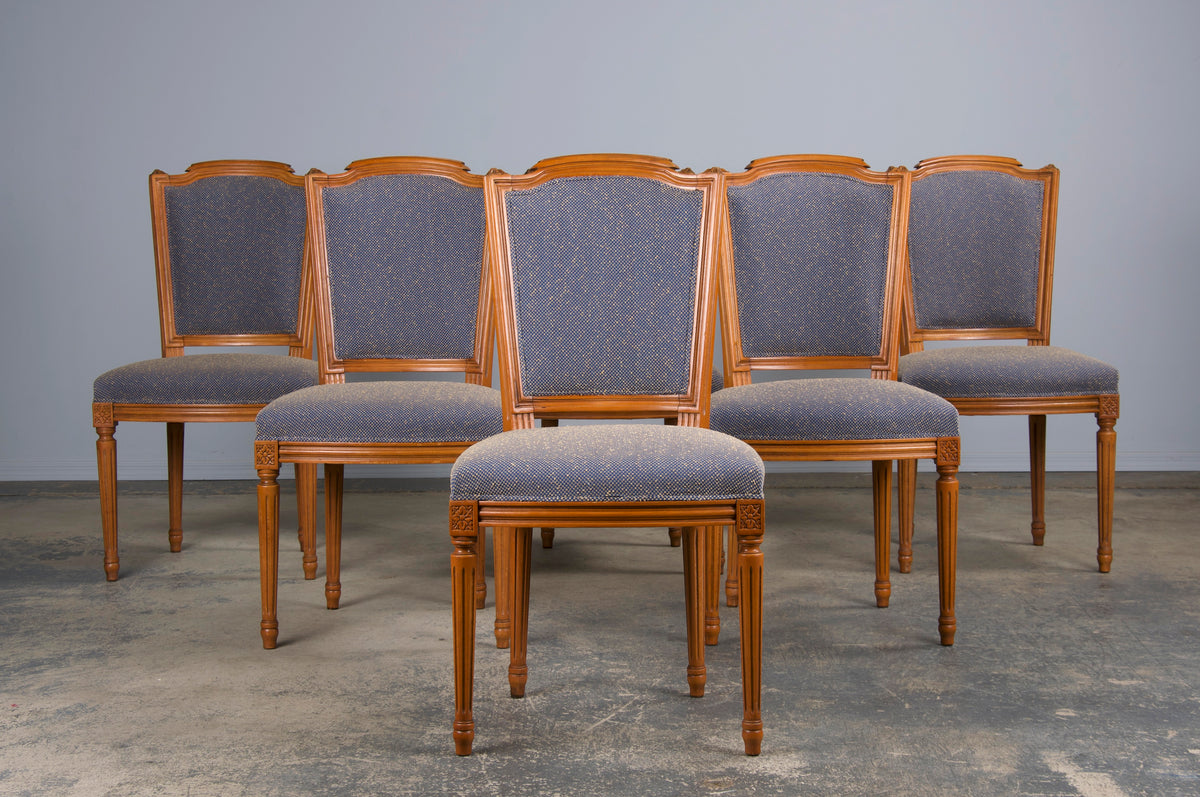 French Louis XVI Style Maple Dining Chairs W/ Blue Woven Fabric- Set of 6