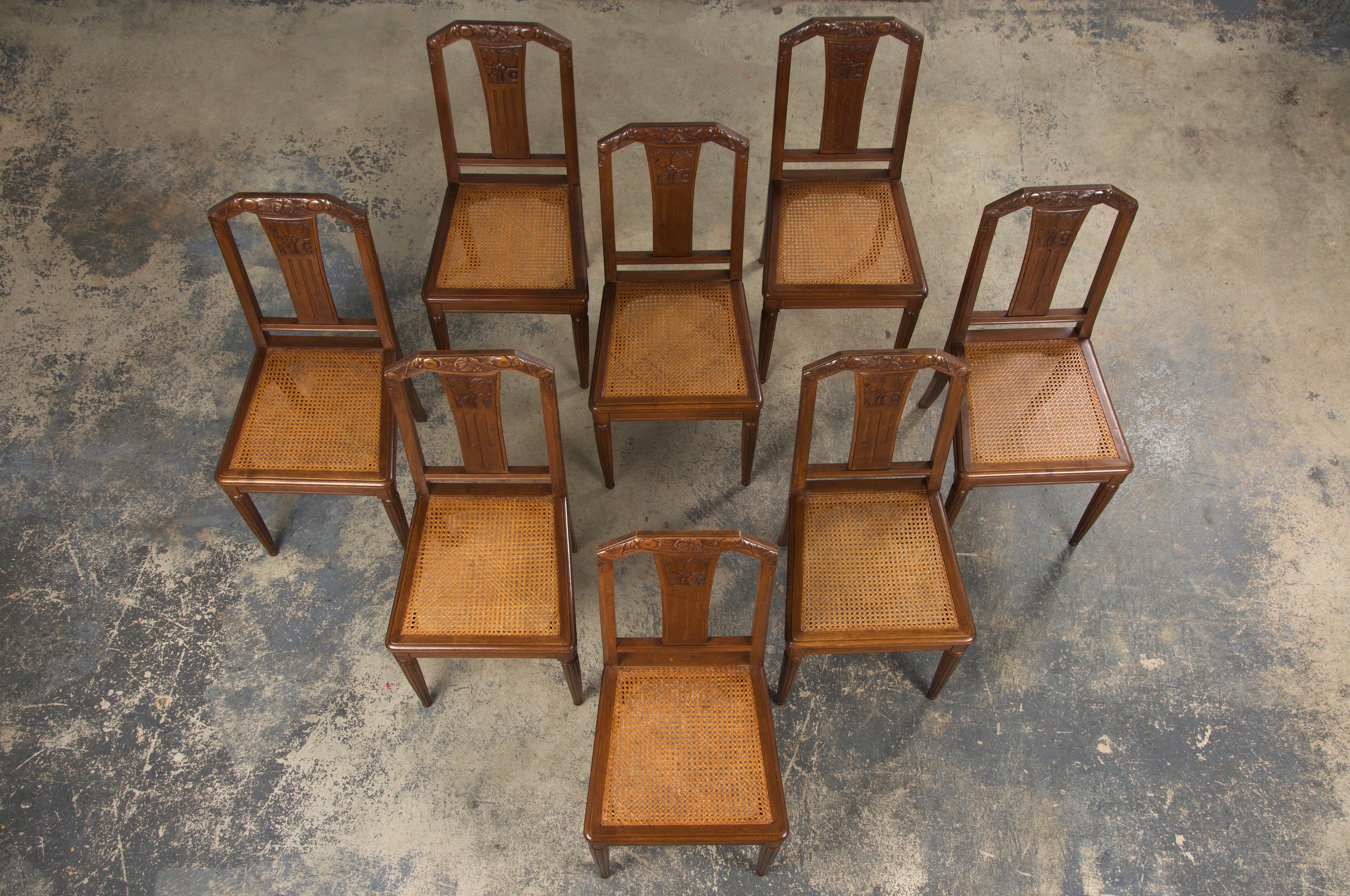 1930s French Art Deco Walnut Dining Chairs W/ Cane Seats - Set of 8