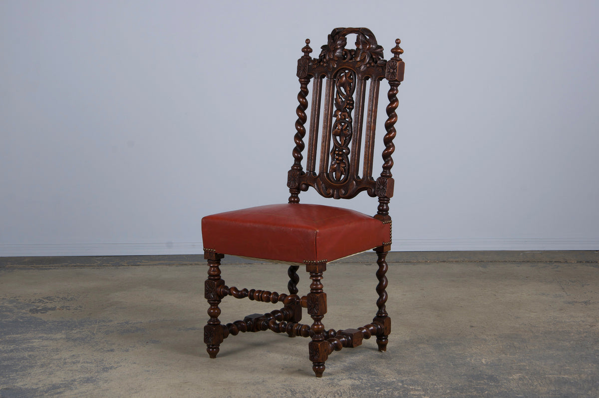 Antique French Renaissance Style Oak Barley Twist Dining Chairs W/ Red Leather - Set of 6