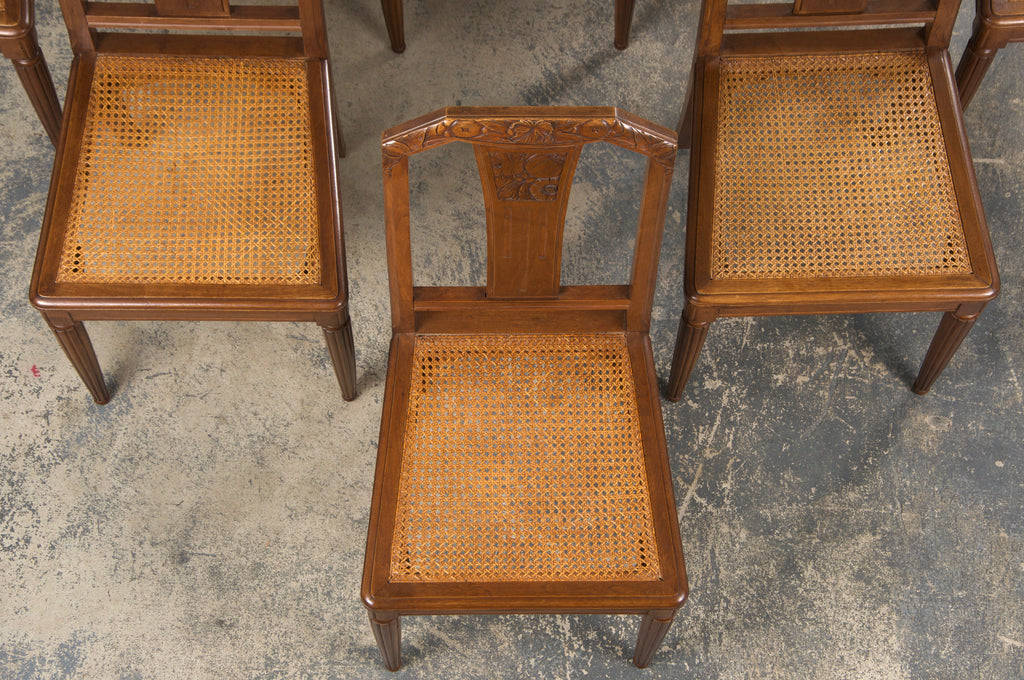 1930s French Art Deco Walnut Dining Chairs W/ Cane Seats - Set of 8