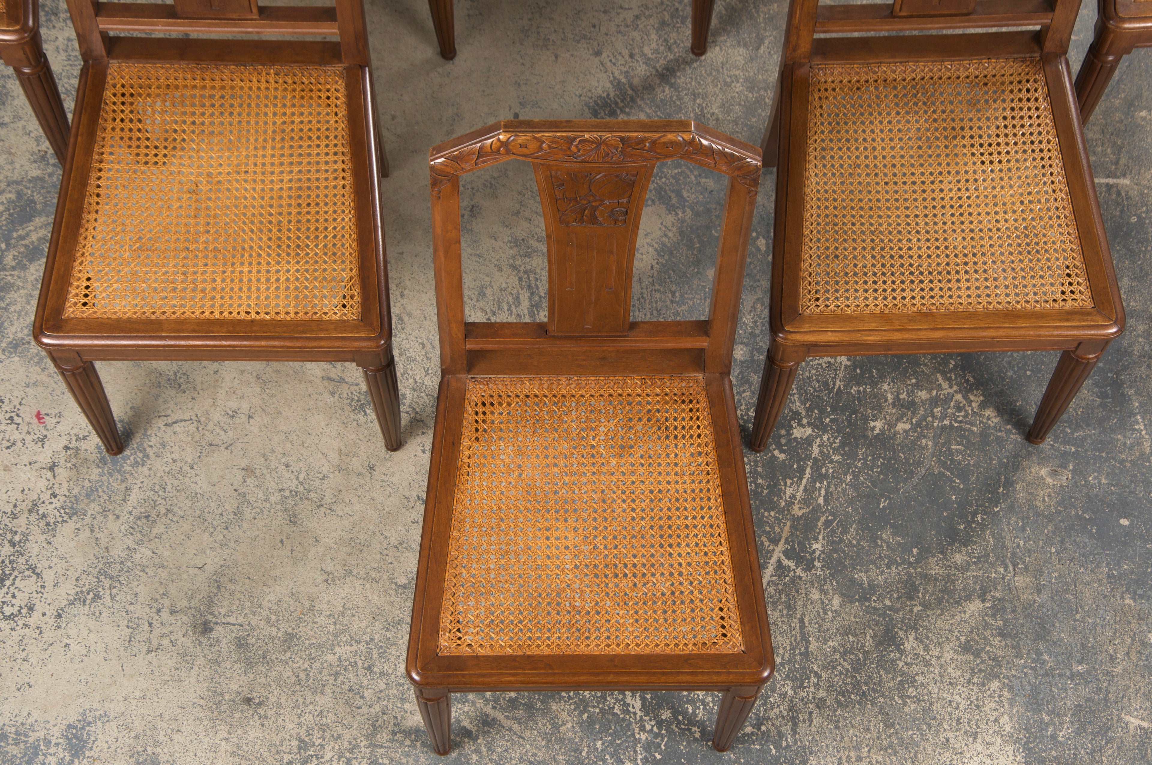1930s French Art Deco Walnut Dining Chairs W/ Cane Seats - Set of 8