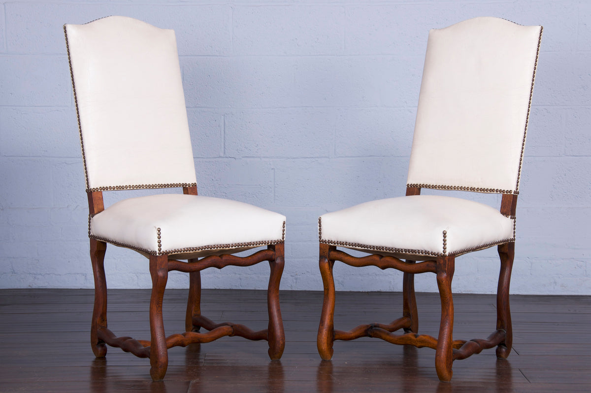 Antique Country French Louis XIII Os De Mouton Style Oak Dining Chairs W/ White Vinyl - Set of 6