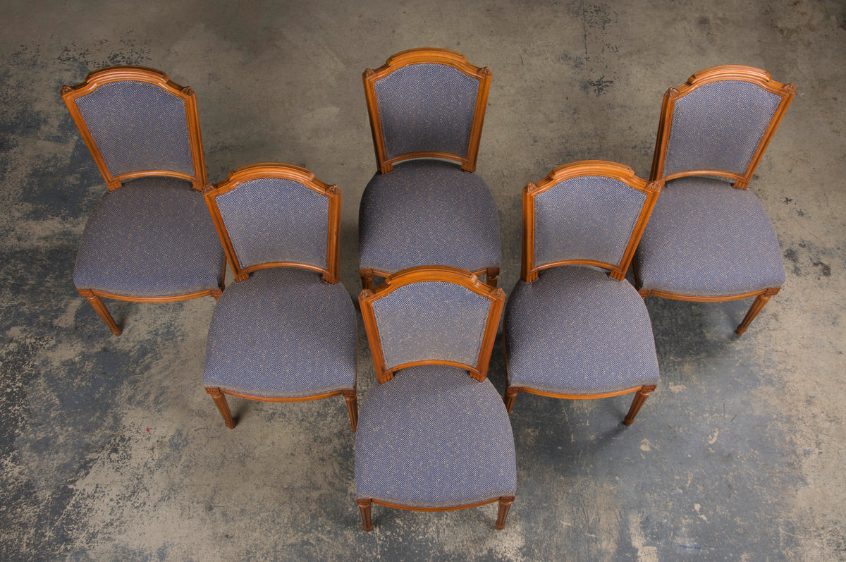 French Louis XVI Style Maple Dining Chairs W/ Blue Woven Fabric- Set of 6