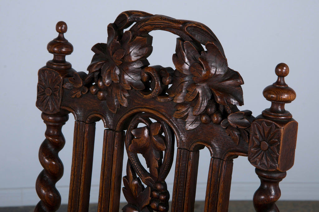 Antique French Renaissance Style Oak Barley Twist Dining Chairs W/ Red Leather - Set of 6