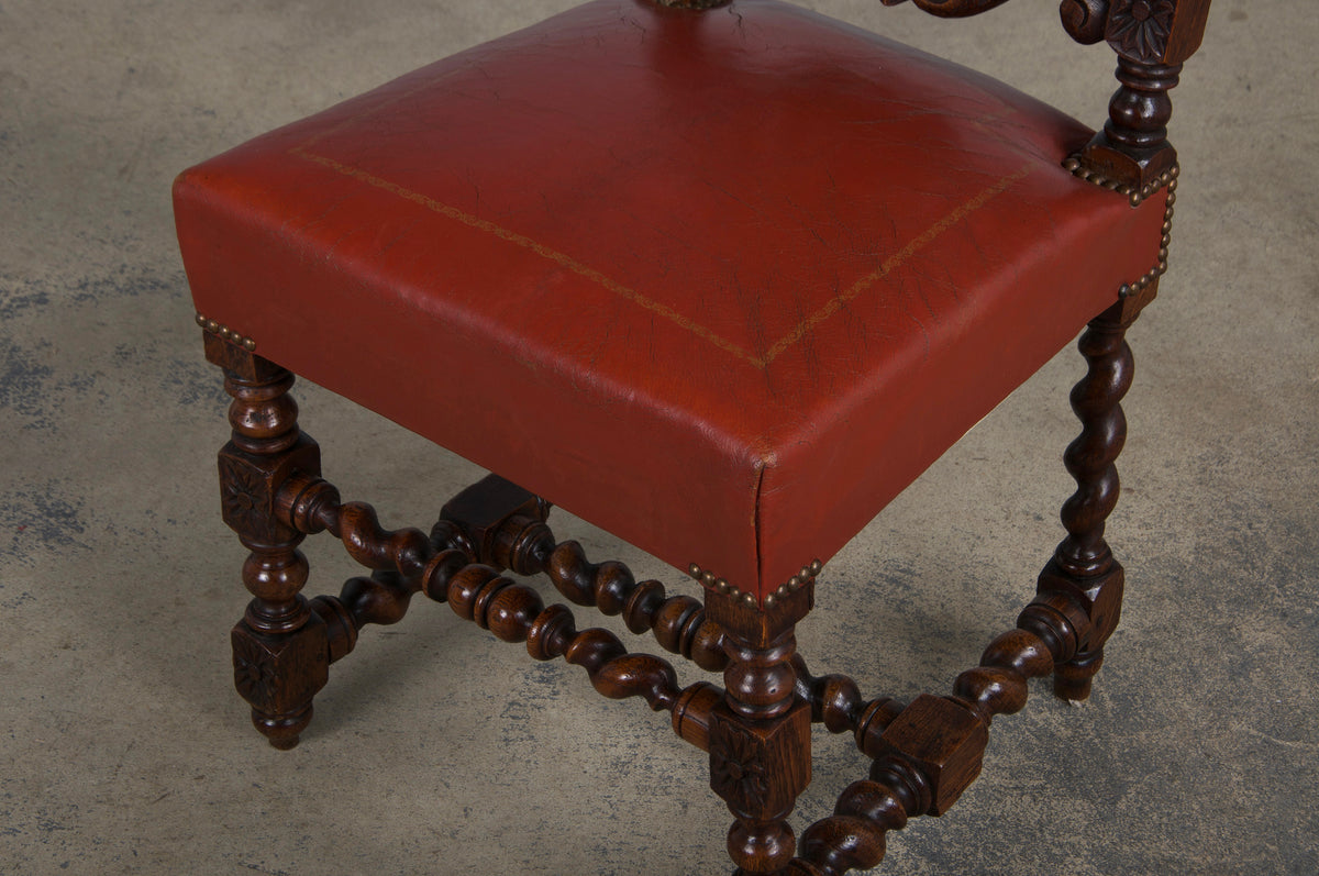 Antique French Renaissance Style Oak Barley Twist Dining Chairs W/ Red Leather - Set of 6