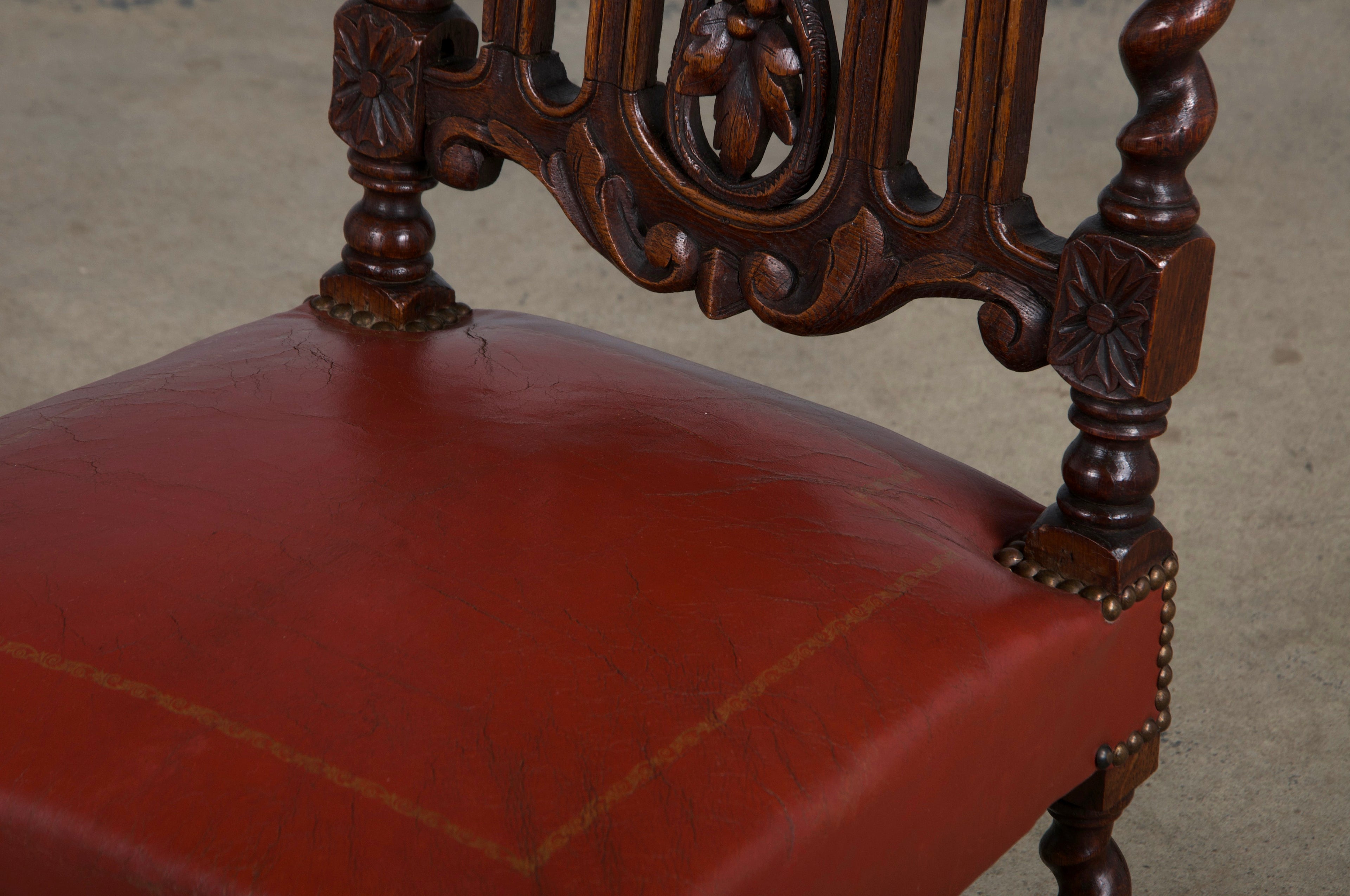 Antique French Renaissance Style Oak Barley Twist Dining Chairs W/ Red Leather - Set of 6