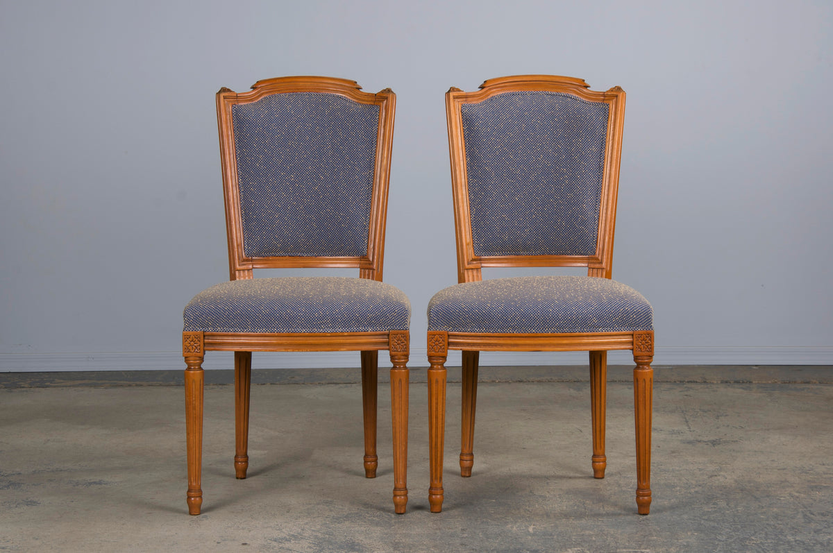 French Louis XVI Style Maple Dining Chairs W/ Blue Woven Fabric- Set of 6