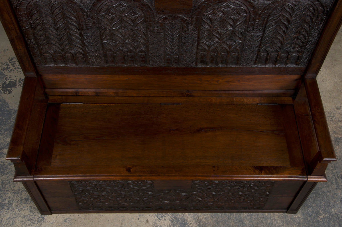 Antique French Gothic Revival Carved Oak Hall Bench W/ Cushion