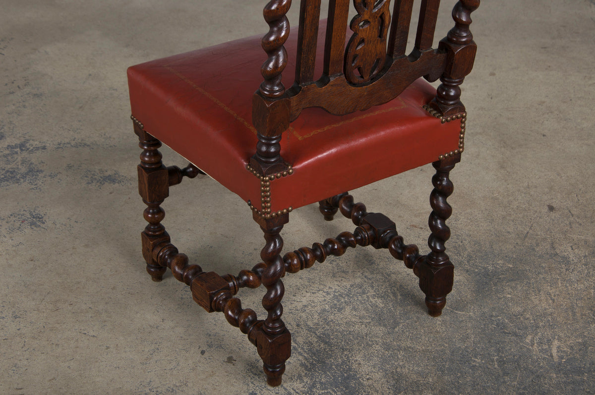 Antique French Renaissance Style Oak Barley Twist Dining Chairs W/ Red Leather - Set of 6