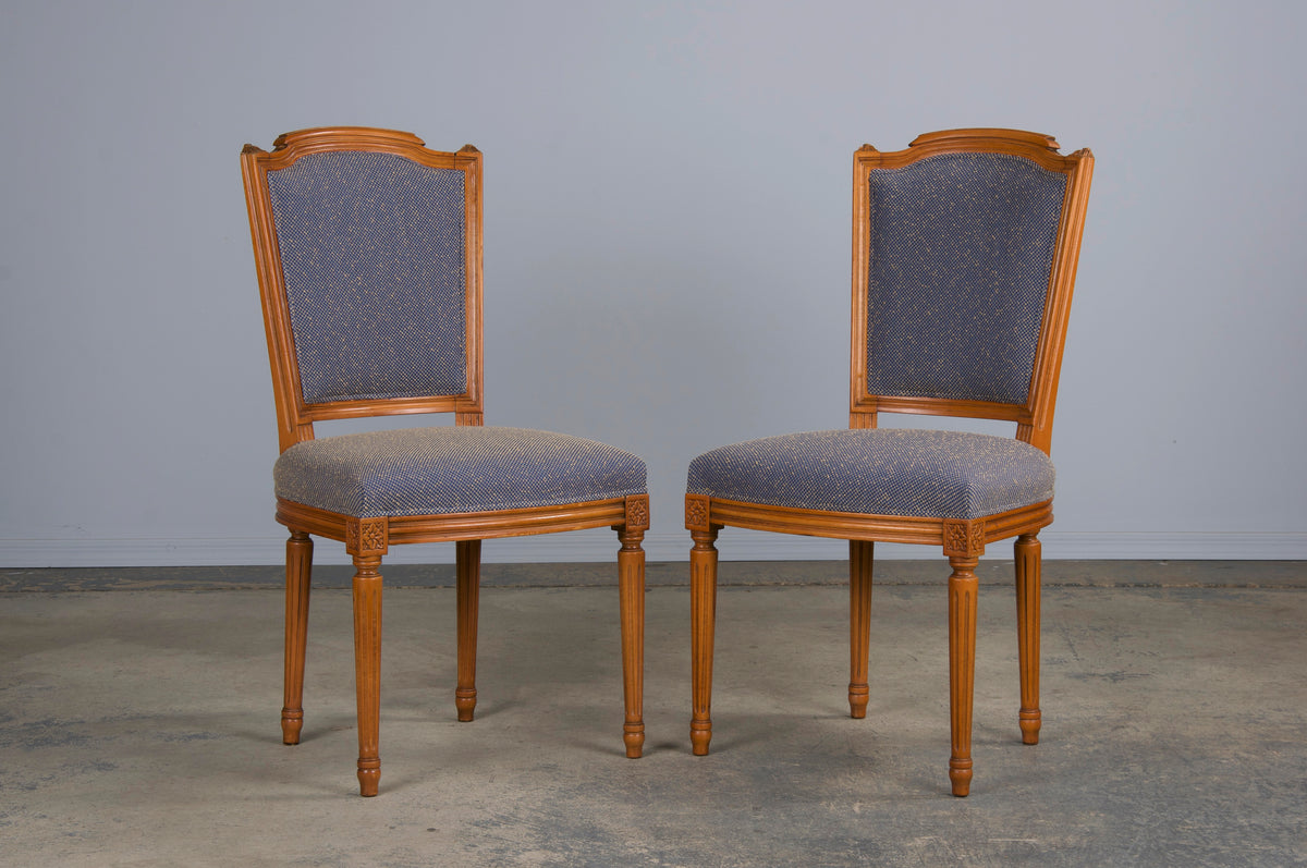 French Louis XVI Style Maple Dining Chairs W/ Blue Woven Fabric- Set of 6