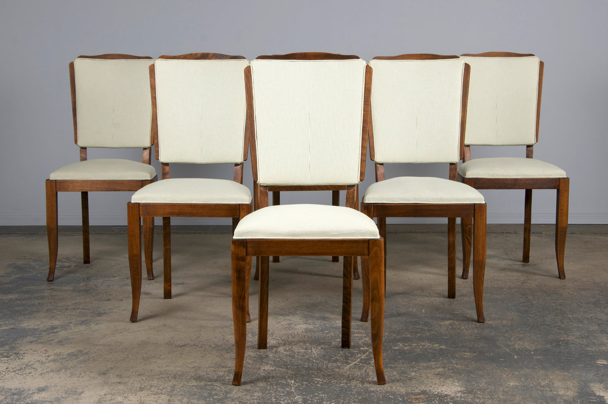 1930s French Art Deco Maple Dining Chairs W/ Striped White and Green Fabric - Set of 6