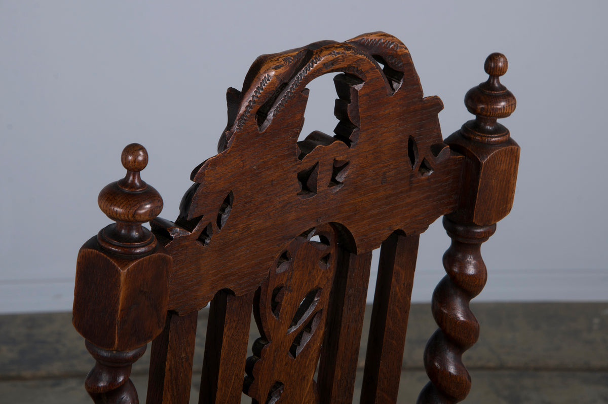 Antique French Renaissance Style Oak Barley Twist Dining Chairs W/ Red Leather - Set of 6