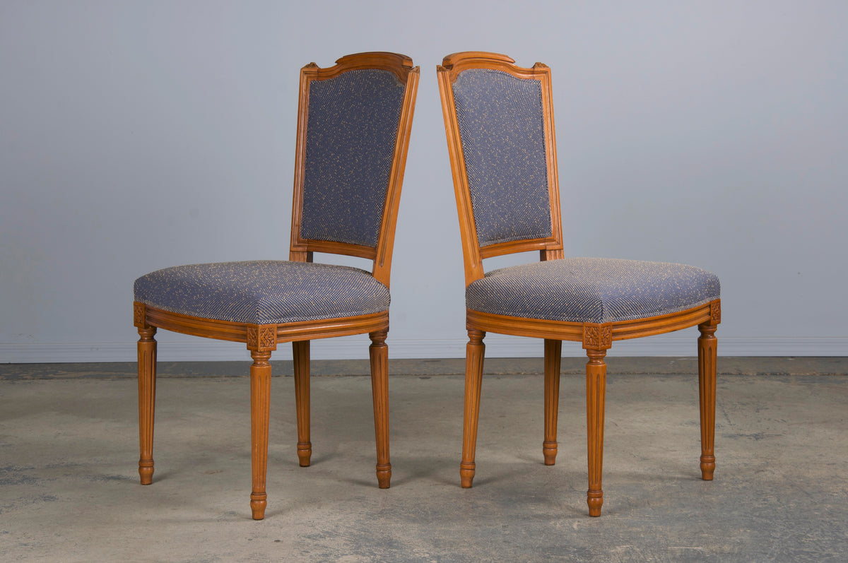 French Louis XVI Style Maple Dining Chairs W/ Blue Woven Fabric- Set of 6