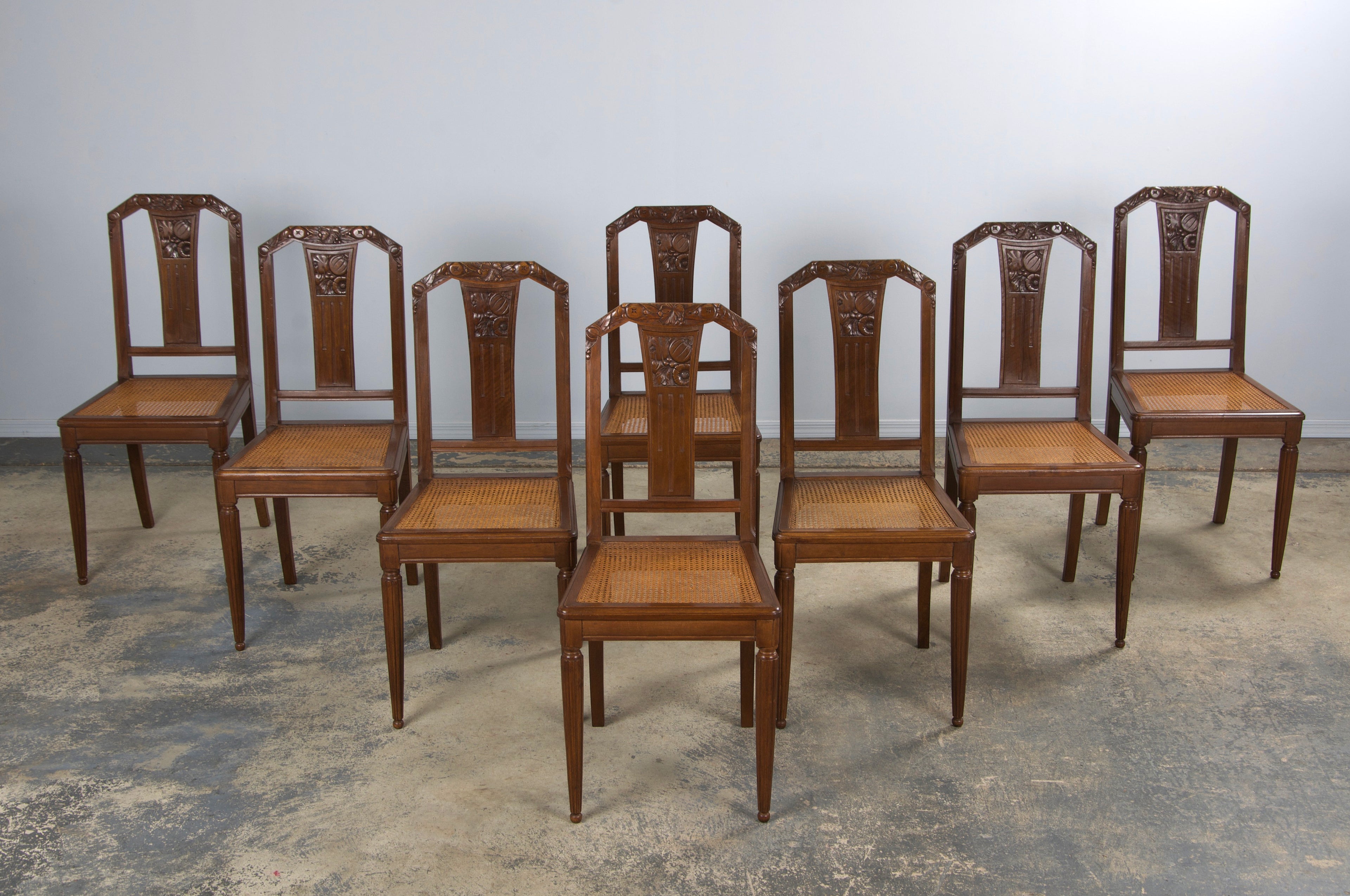 1930s French Art Deco Walnut Dining Chairs W/ Cane Seats - Set of 8