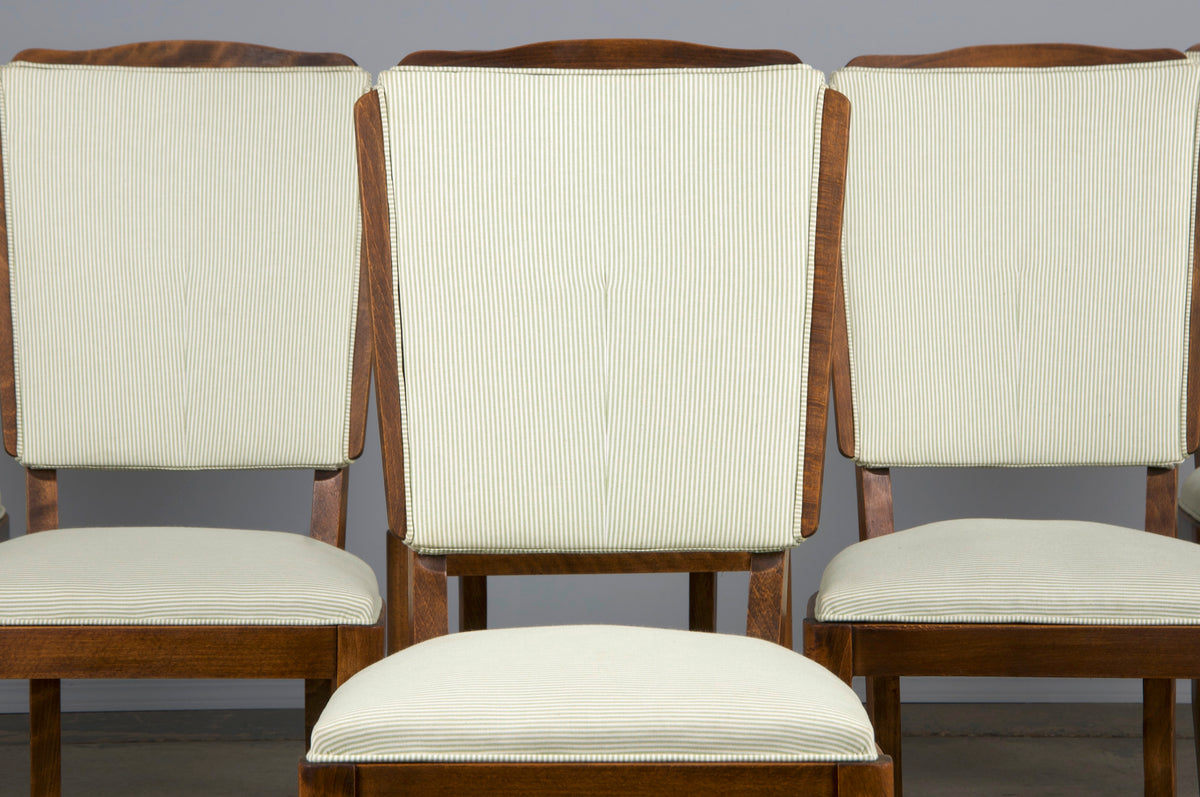 ON HOLD 1930s French Art Deco Maple Dining Chairs W/ Striped White and Green Fabric - Set of 6