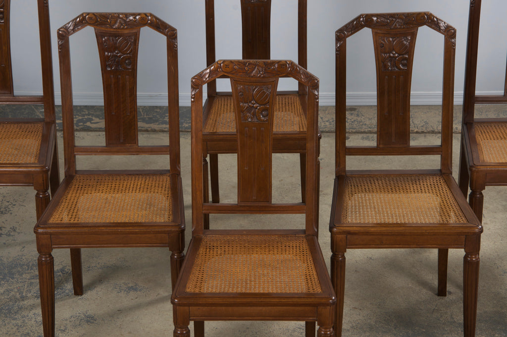 1930s French Art Deco Walnut Dining Chairs W/ Cane Seats - Set of 8