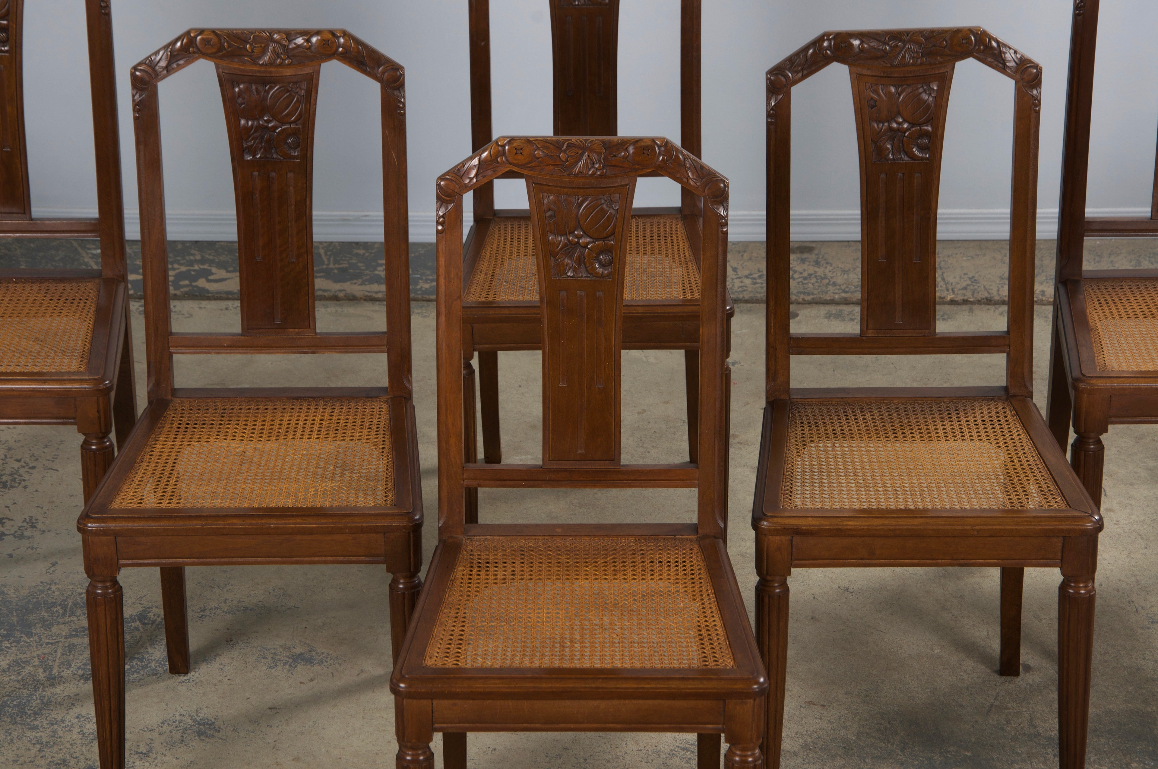 1930s French Art Deco Walnut Dining Chairs W/ Cane Seats - Set of 8