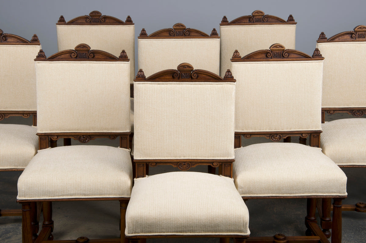 Antique French Napoleon III Style Walnut Dining Chairs W/ Cream Chenille - Set of 10