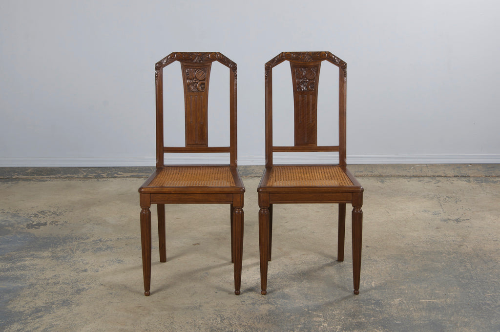 1930s French Art Deco Walnut Dining Chairs W/ Cane Seats - Set of 8
