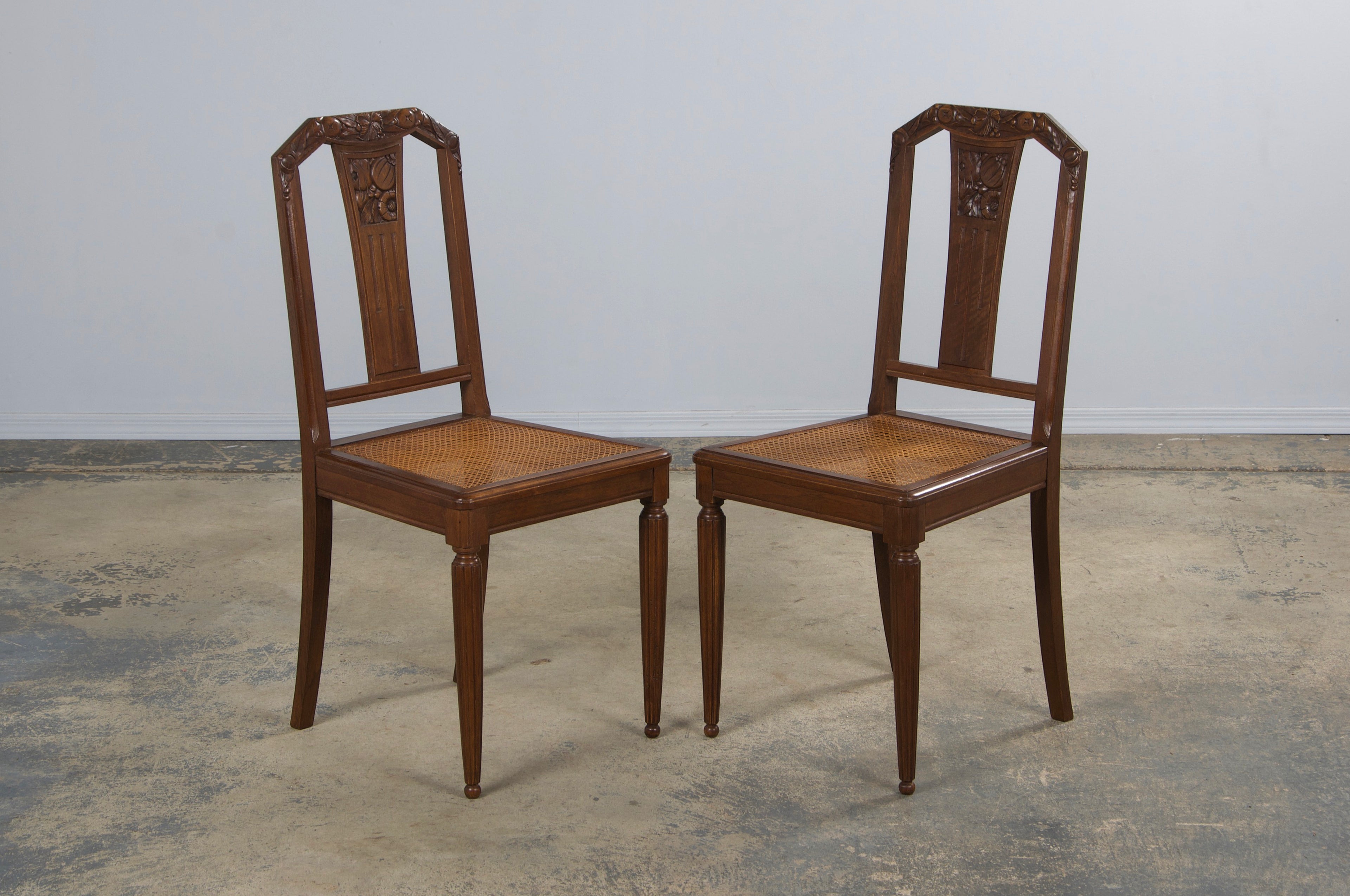 1930s French Art Deco Walnut Dining Chairs W/ Cane Seats - Set of 8