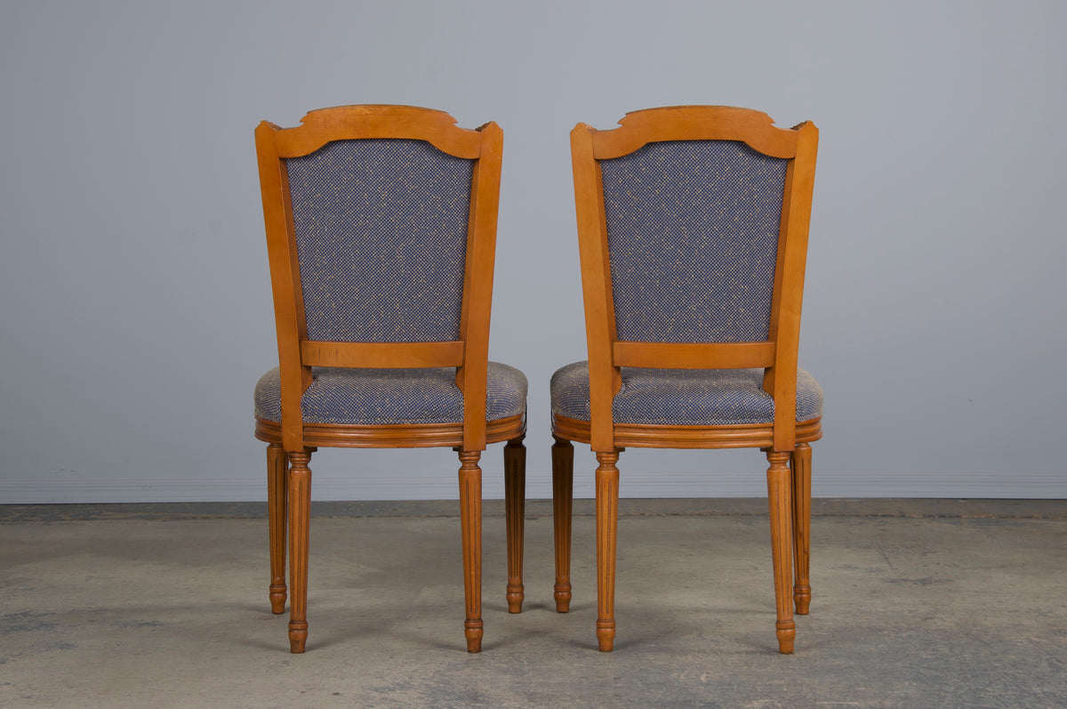 French Louis XVI Style Maple Dining Chairs W/ Blue Woven Fabric- Set of 6