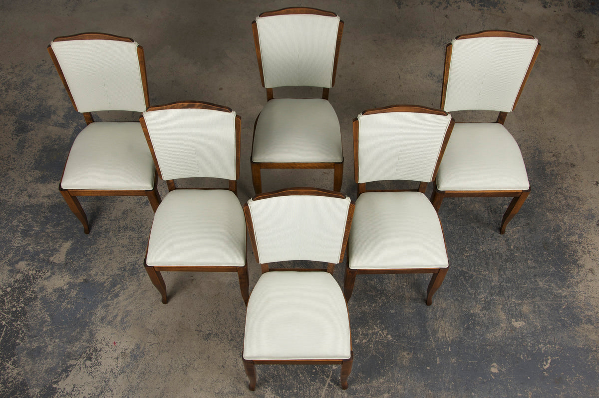 ON HOLD 1930s French Art Deco Maple Dining Chairs W/ Striped White and Green Fabric - Set of 6