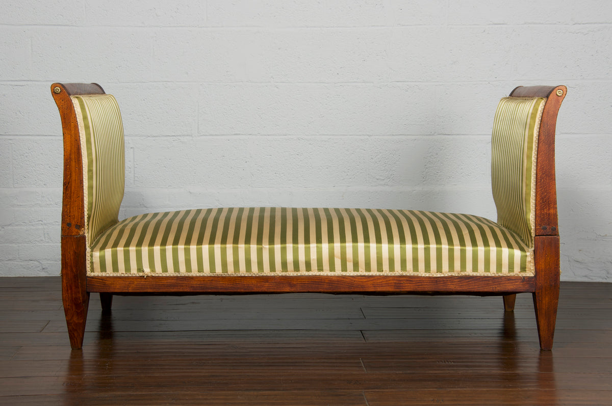 Antique French Directoire Style Oak Daybed W/ Striped Silk