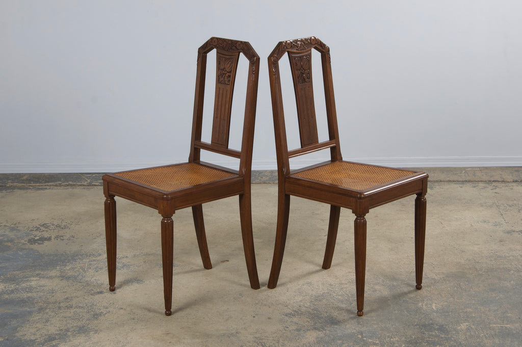 1930s French Art Deco Walnut Dining Chairs W/ Cane Seats - Set of 8