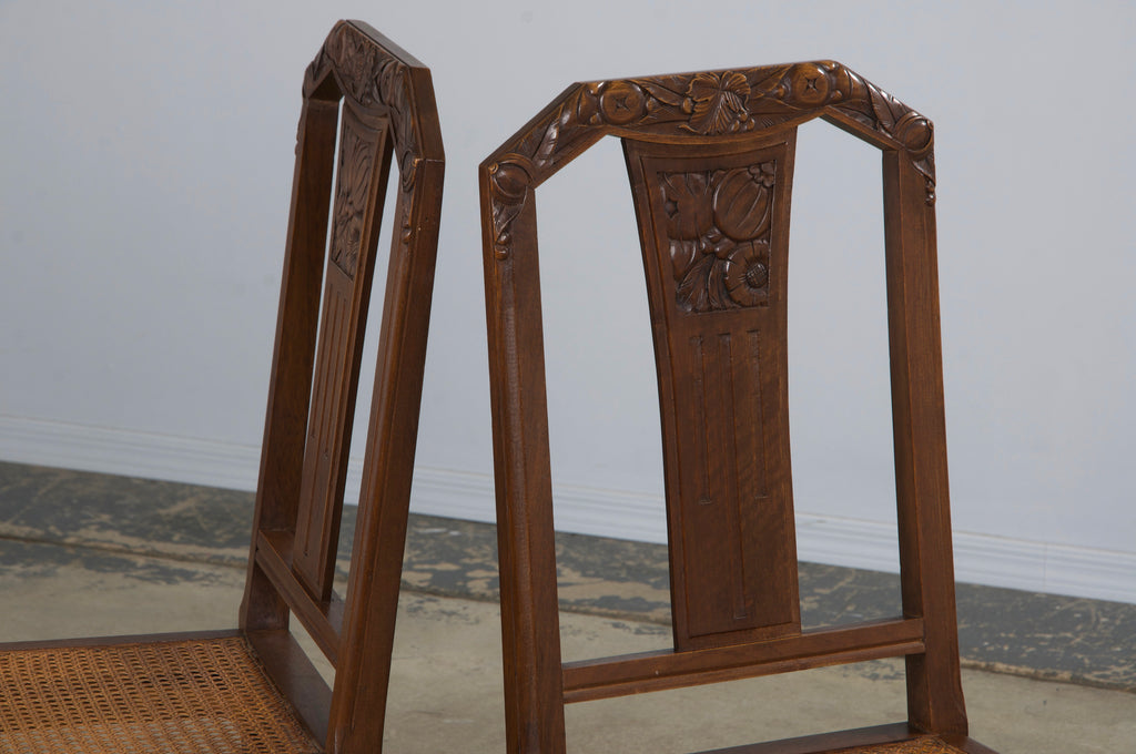 1930s French Art Deco Walnut Dining Chairs W/ Cane Seats - Set of 8