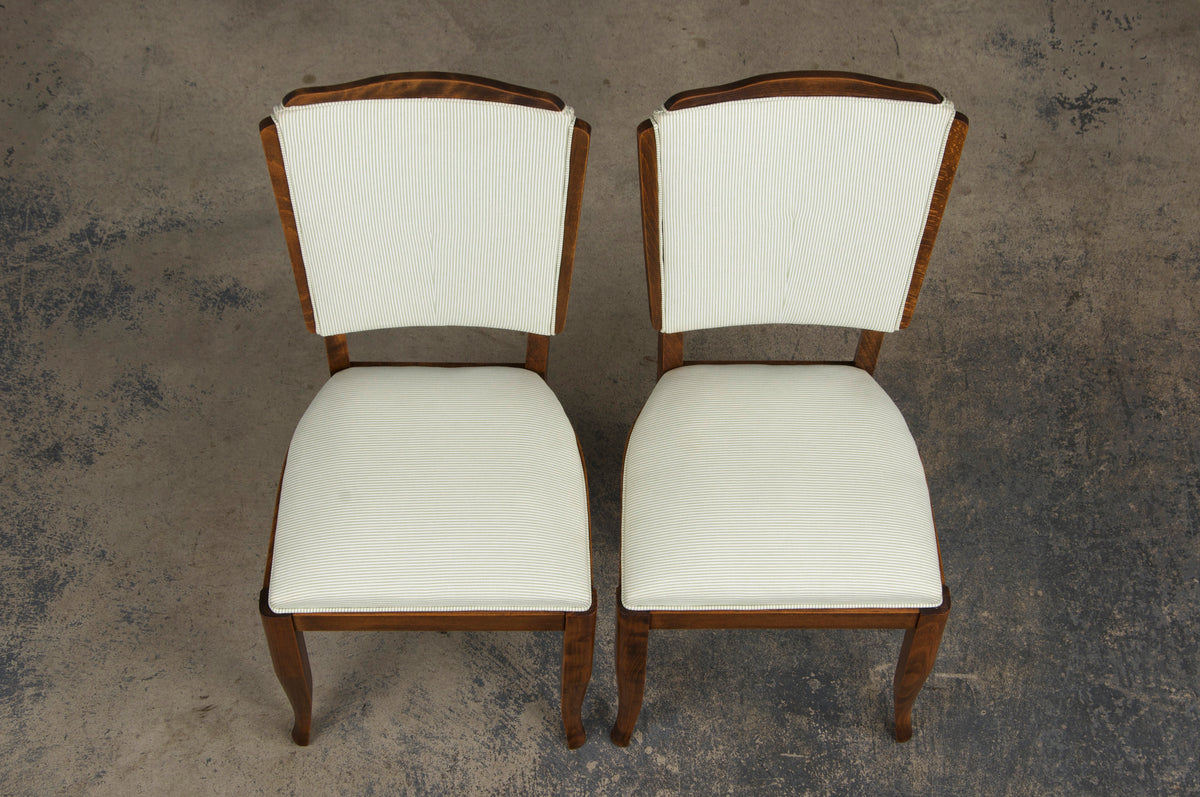 1930s French Art Deco Maple Dining Chairs W/ Striped White and Green Fabric - Set of 6