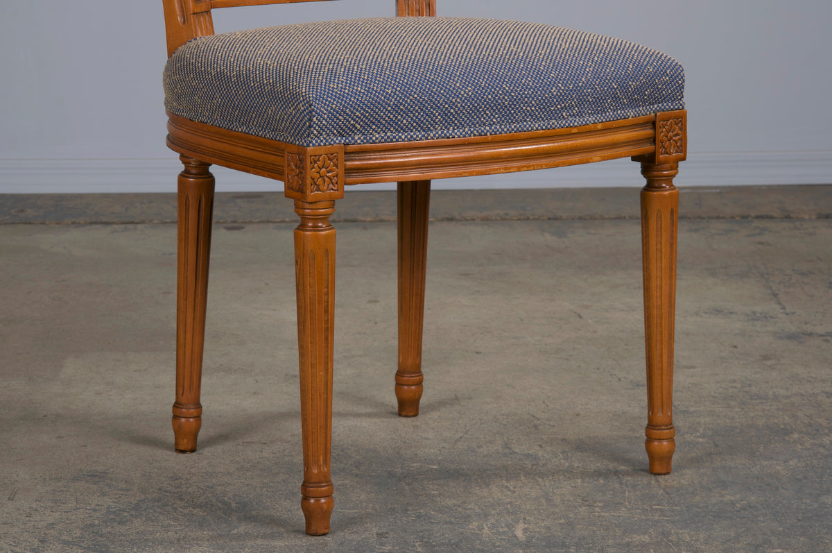 French Louis XVI Style Maple Dining Chairs W/ Blue Woven Fabric- Set of 6