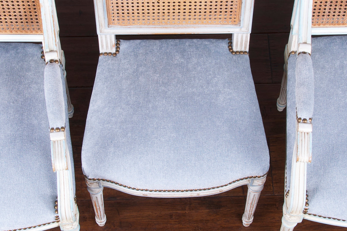 Antique French Louis XVI Style Square Back Painted Dining Chairs W/ Blue Fabric - Set of 6