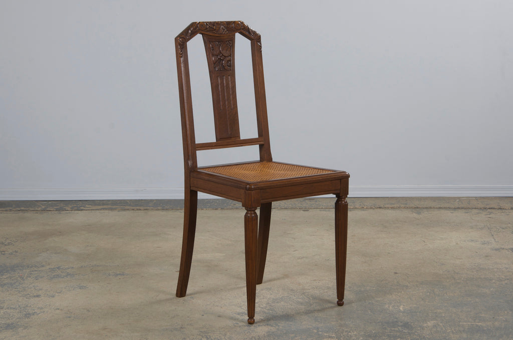 1930s French Art Deco Walnut Dining Chairs W/ Cane Seats - Set of 8